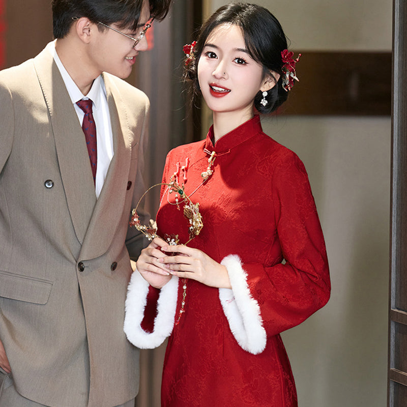 Wedding Qipao Chinese Clothes Hongyan 红颜 Women's Modern Gown Tea Ceremony Dress Hanfu Cheongsam