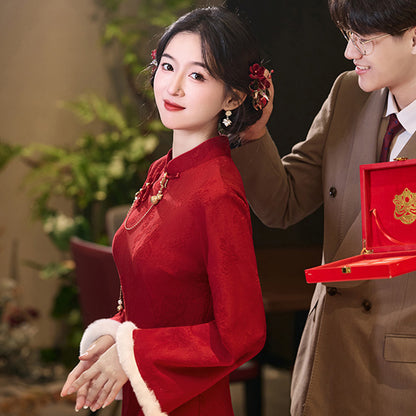 Wedding Qipao Chinese Clothes Hongyan 红颜 Women's Modern Gown Tea Ceremony Dress Hanfu Cheongsam