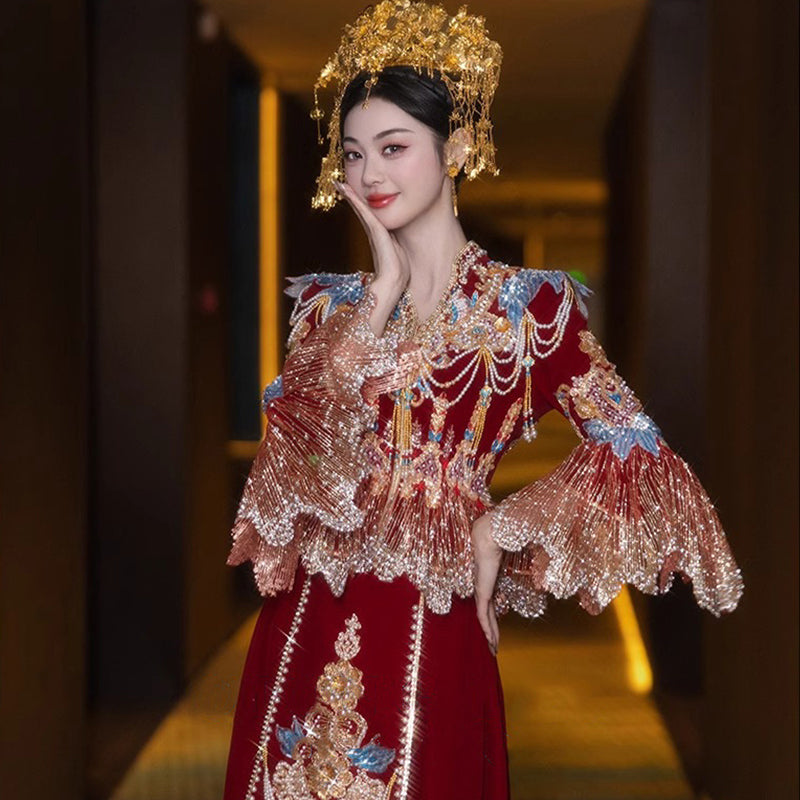 Women's Chinese Wedding Clothing Long Sleeves Qiong 琼 Attire