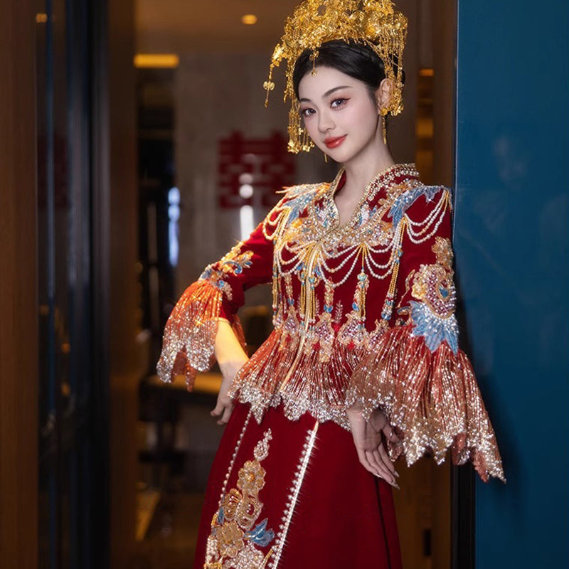 Women's Chinese Wedding Clothing Long Sleeves Qiong 琼 Attire