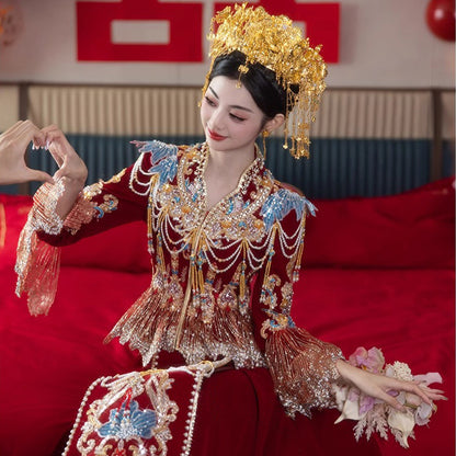 Women's Chinese Wedding Clothing Long Sleeves Qiong 琼 Attire