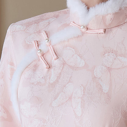 Women's Qipao Fendie 粉蝶 Asian Thicken Dress Chinese Modern Hanfu Clothing Velvet Cheongsam Winter