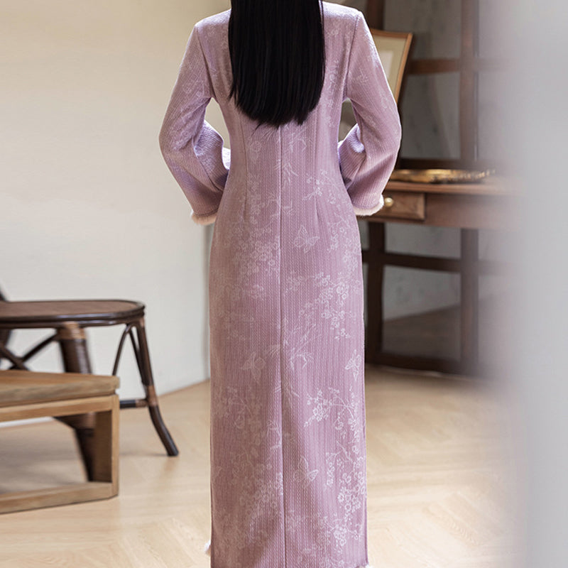 Women's Qipao Ziqingrou 紫晴柔 Asian Thicken Dress Chinese Modern Hanfu Clothing Velvet Cheongsam Winter