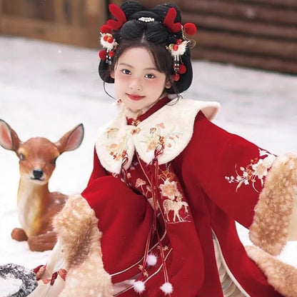 Ming Dynasty Girl's Mamian Skirt Linglu 灵鹿 Children's Traditional Clothing Chinese Lunar New Year Velvet Hanfu Suit