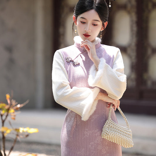 Women's Qipao Dongyun 冬韵 Asian Thicken Dress Chinese Modern Hanfu Clothing Velvet Cheongsam Winter