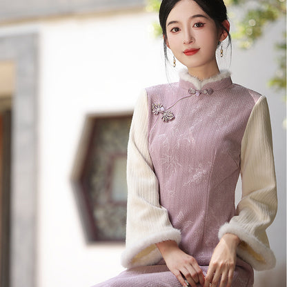 Women's Qipao Dongyun 冬韵 Asian Thicken Dress Chinese Modern Hanfu Clothing Velvet Cheongsam Winter
