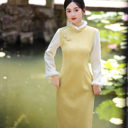 Women's Qipao Dongyun 冬韵 Asian Thicken Dress Chinese Modern Hanfu Clothing Velvet Cheongsam Winter