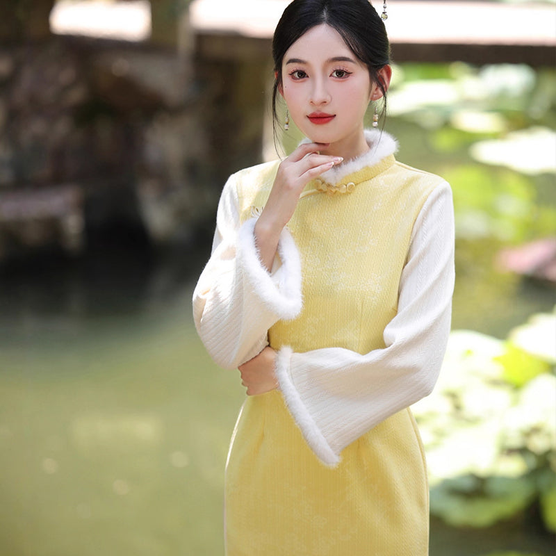 Women's Qipao Dongyun 冬韵 Asian Thicken Dress Chinese Modern Hanfu Clothing Velvet Cheongsam Winter