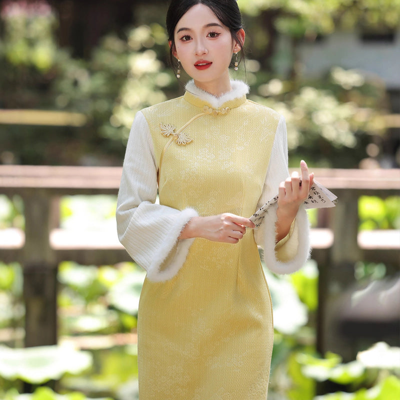 Women's Qipao Dongyun 冬韵 Asian Thicken Dress Chinese Modern Hanfu Clothing Velvet Cheongsam Winter