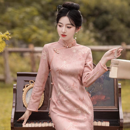 Chinese Modern Women's Qipao Dress  Jinxin 锦心 Clothing Traditional Cheongsam Autumn Winter Velvet Long Sleeves