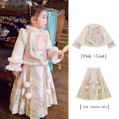 Ming Dynasty Girl's Mamian Skirt Fenfeng 粉蜂 Children's Chinese Velvet Traditional Clothing Hanfu Suit
