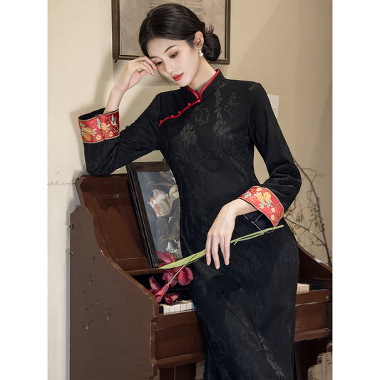 Women's Qipao Manyue 满月 Asian Dress Chinese Thicken Modern Hanfu Clothing Velvet Cheongsam Winter Autumn