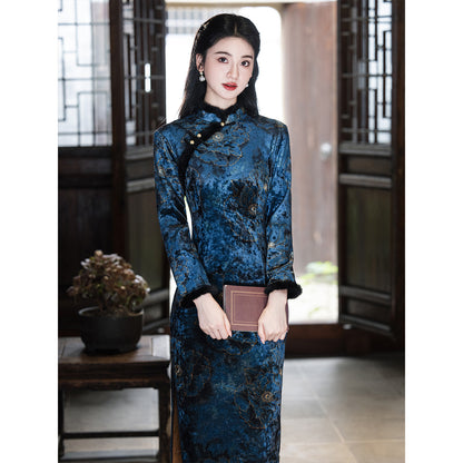 Women's Qipao Sucheng 苏城 Asian Thicken Dress Chinese Modern Hanfu Clothing Velvet Cheongsam Winter