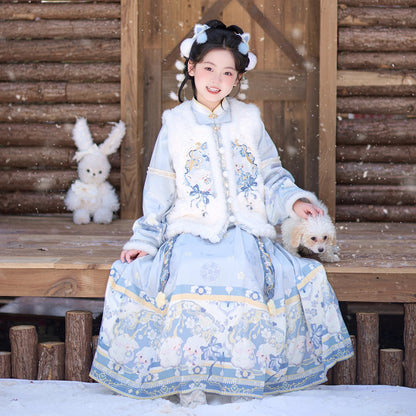 Ming Dynasty Girl's Mamian Skirt Yunduo 云朵 Children's Traditional Chinese Clothing  Lunar New Year Velvet Hanfu Suit