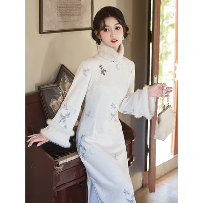 Women's Qipao Sangshangzi 桑上紫 Asian Thicken Dress Chinese Modern Hanfu Clothing Velvet Cheongsam Winter
