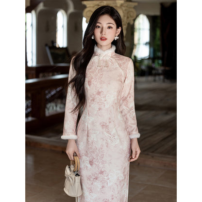 Women's Qipao Huadie 化蝶 Asian Thicken Dress Chinese Modern Hanfu Clothing Velvet Cheongsam Winter