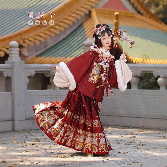 Ming Dynasty Mamian Clothing Linglong 灵龙 Women's Chinese Traditional Thicken Velvet Lunar New Year Hanfu Autumn Winter