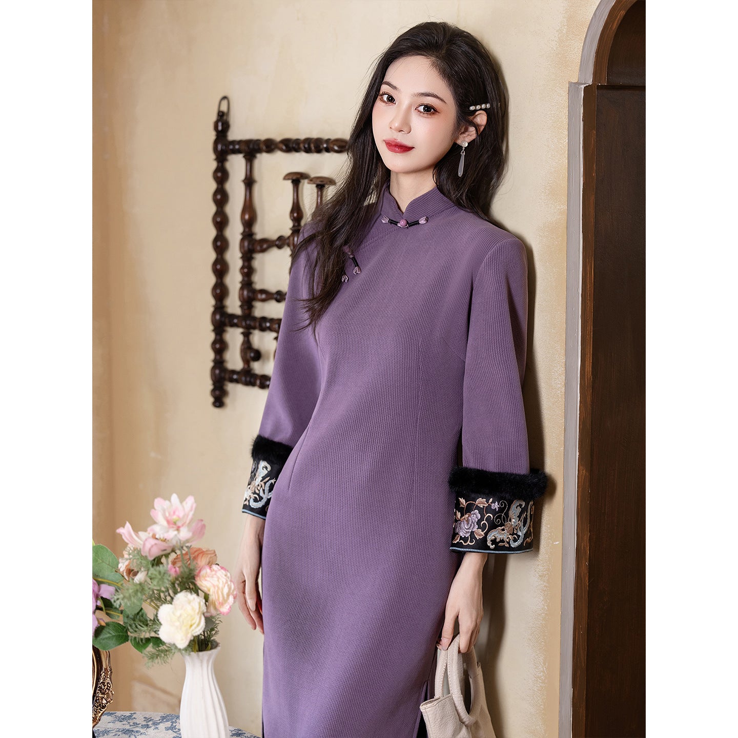 Women's Qipao Shixu 时叙 Asian Thicken Dress Chinese Modern Hanfu Clothing Velvet Cheongsam Winter