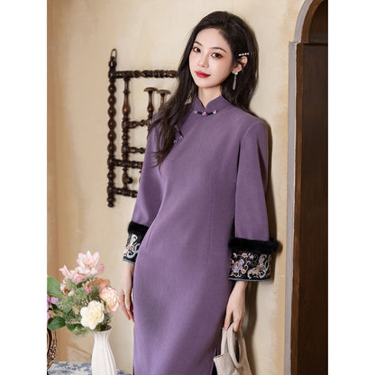 Women's Qipao Shixu 时叙 Asian Thicken Dress Chinese Modern Hanfu Clothing Velvet Cheongsam Winter