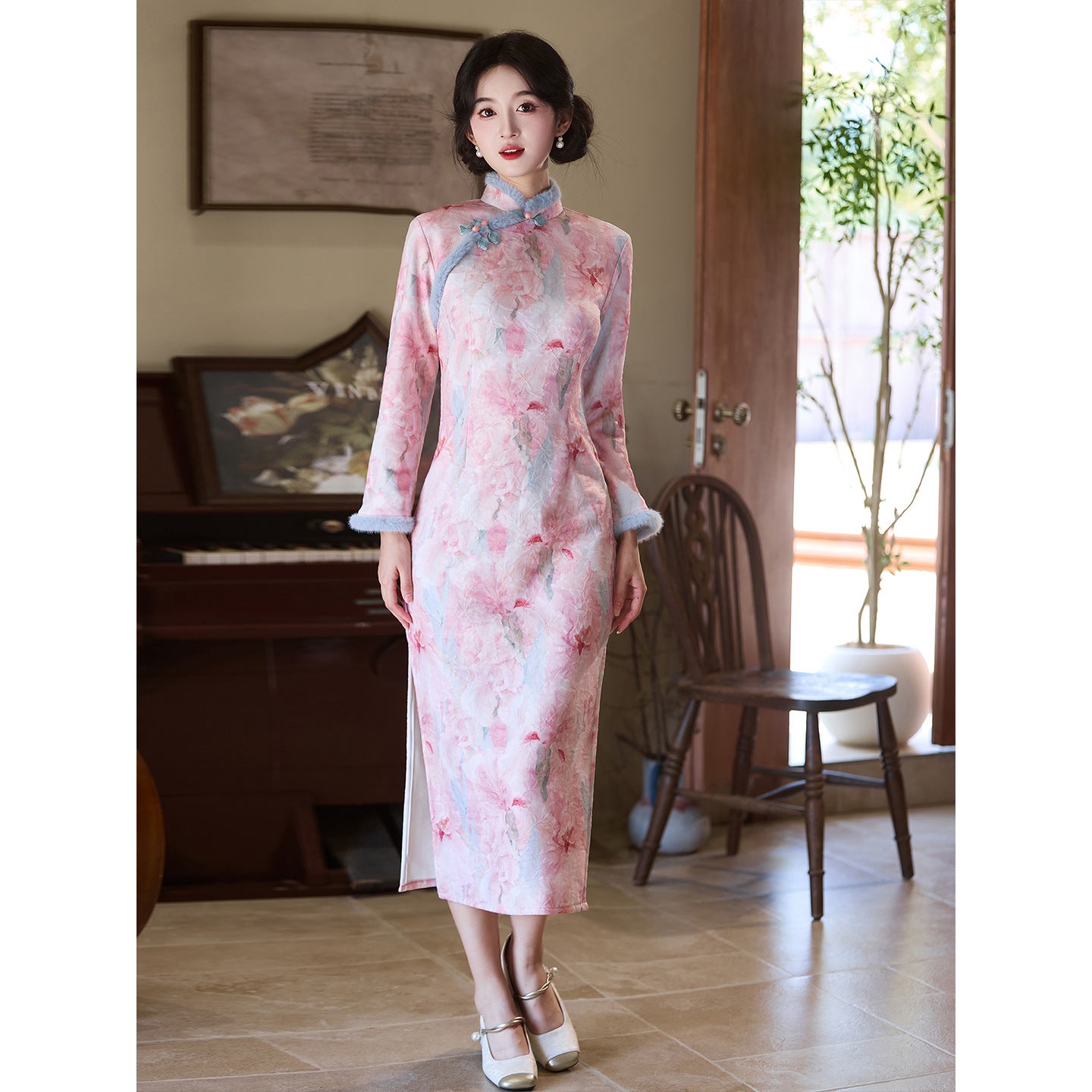 Women's Qipao Rose 玫瑰 Asian Thicken Dress Chinese Modern Hanfu Clothing Velvet Cheongsam Winter