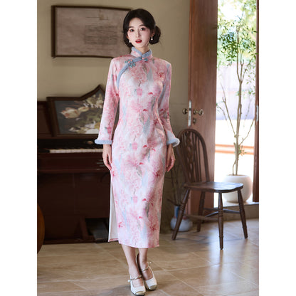 Women's Qipao Rose 玫瑰 Asian Thicken Dress Chinese Modern Hanfu Clothing Velvet Cheongsam Winter