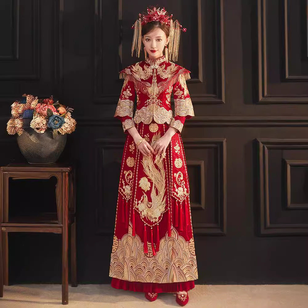 Women's Chinese Wedding Clothing Long Sleeves Phoenix Grace 凤 Attire