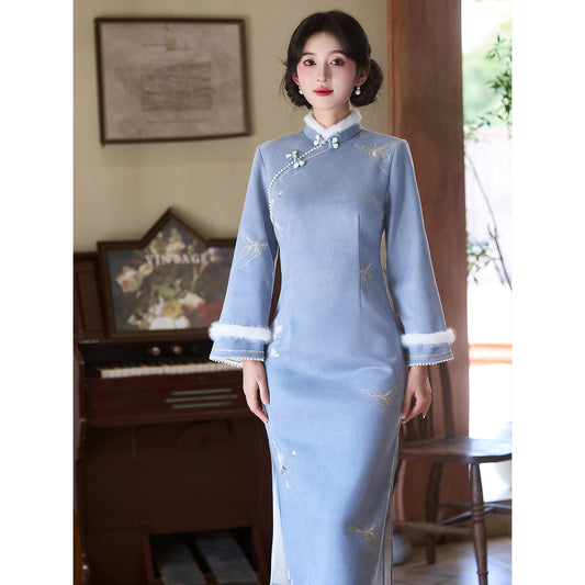Women's Qipao Feidie 飞蝶 Asian Thicken Dress Chinese Modern Hanfu Clothing Velvet Cheongsam Winter