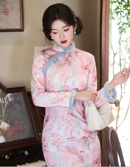 Women's Qipao Rose 玫瑰 Asian Thicken Dress Chinese Modern Hanfu Clothing Velvet Cheongsam Winter