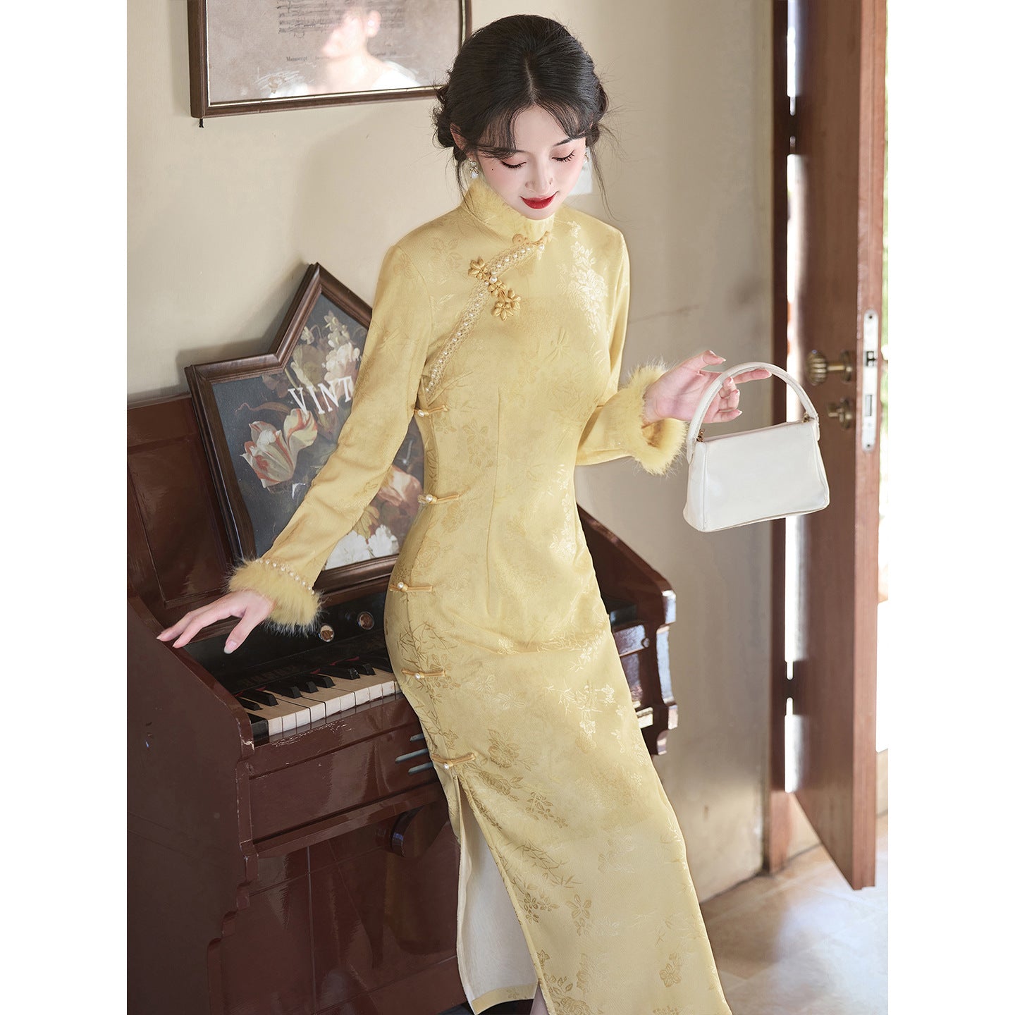 Women's Qipao Heshangting 荷上蜓 Asian Thicken Dress Chinese Modern Hanfu Clothing Velvet Cheongsam Winter