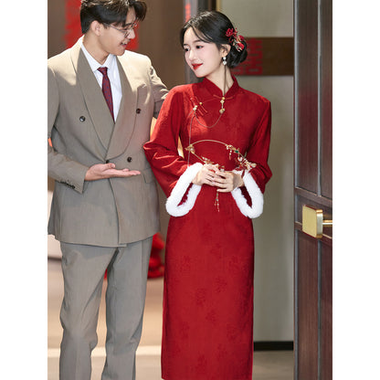 Wedding Qipao Chinese Clothes Hongyan 红颜 Women's Modern Gown Tea Ceremony Dress Hanfu Cheongsam