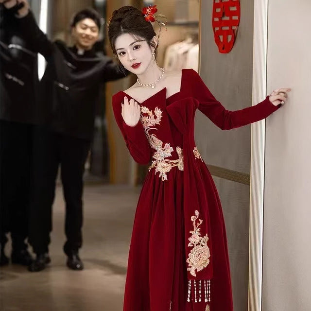 Chinese Wedding Clothes Xiafeng 霞凤 Women's Modern Gown Tea Ceremony Dress Hanfu