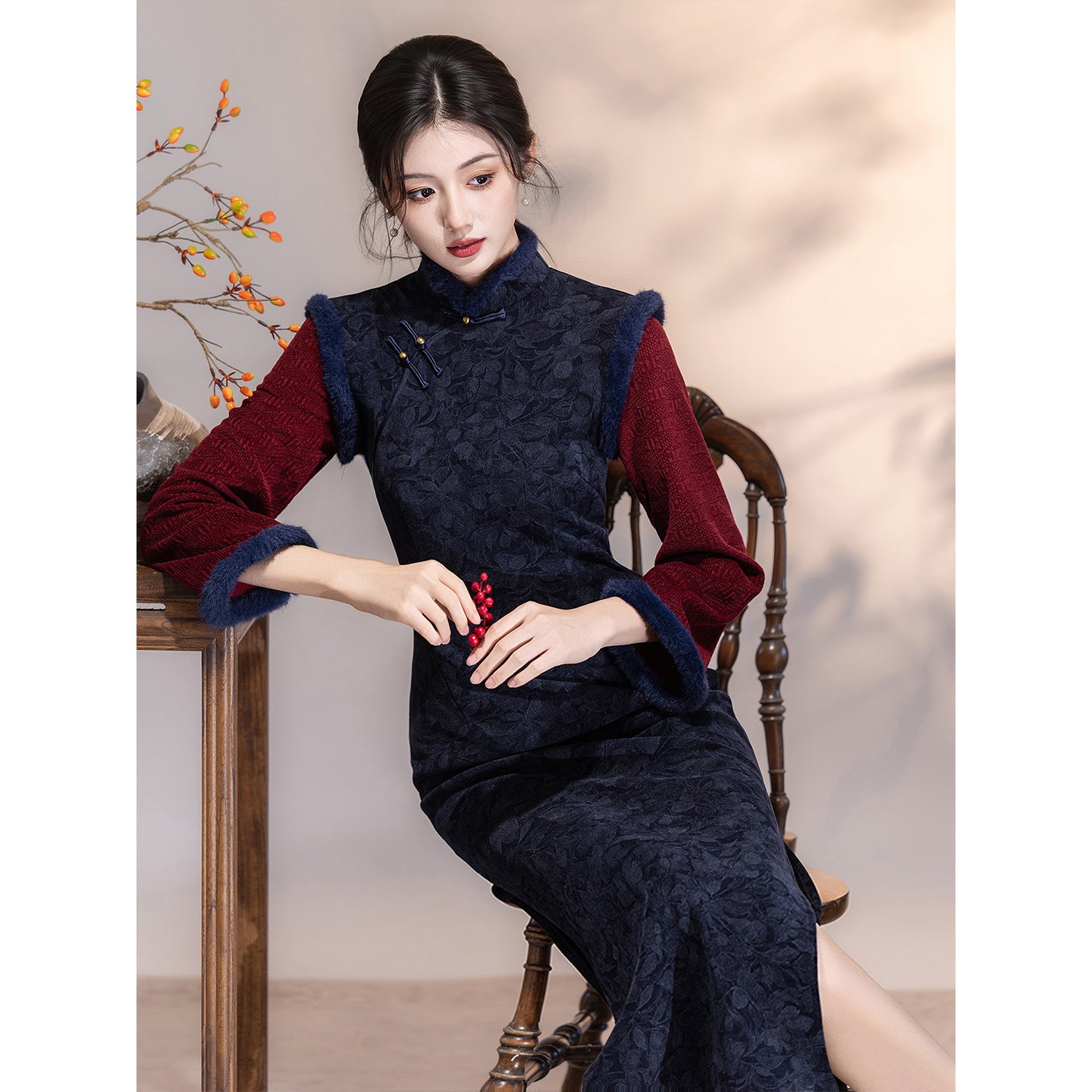 Women's Qipao Xiangsikou 相思扣 Asian Thicken Dress Chinese Modern Hanfu Clothing Velvet Cheongsam Winter
