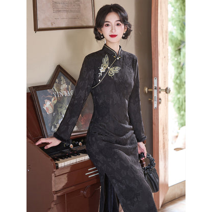 Women's Qipao Jindiexiu 金蝶绣 Asian Dress Chinese Thicken Modern Hanfu Clothing Velvet Cheongsam