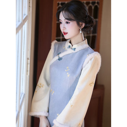 Women's Qipao Xiaohuanghua 小黄花 Asian Thicken Dress Chinese Modern Hanfu Clothing Velvet Cheongsam Winter