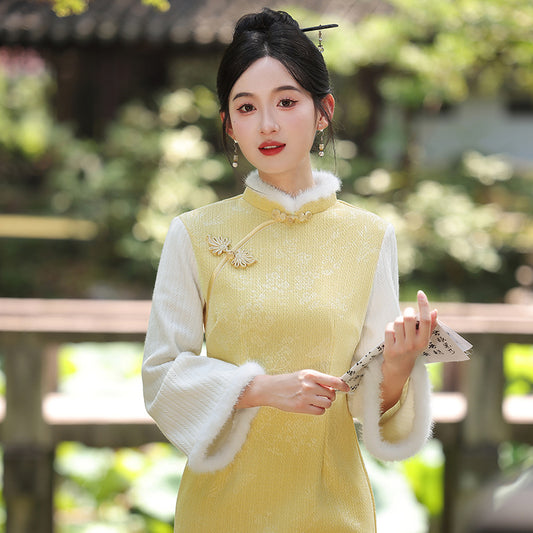 Women's Qipao Dongyun 冬韵 Asian Thicken Dress Chinese Modern Hanfu Clothing Velvet Cheongsam Winter