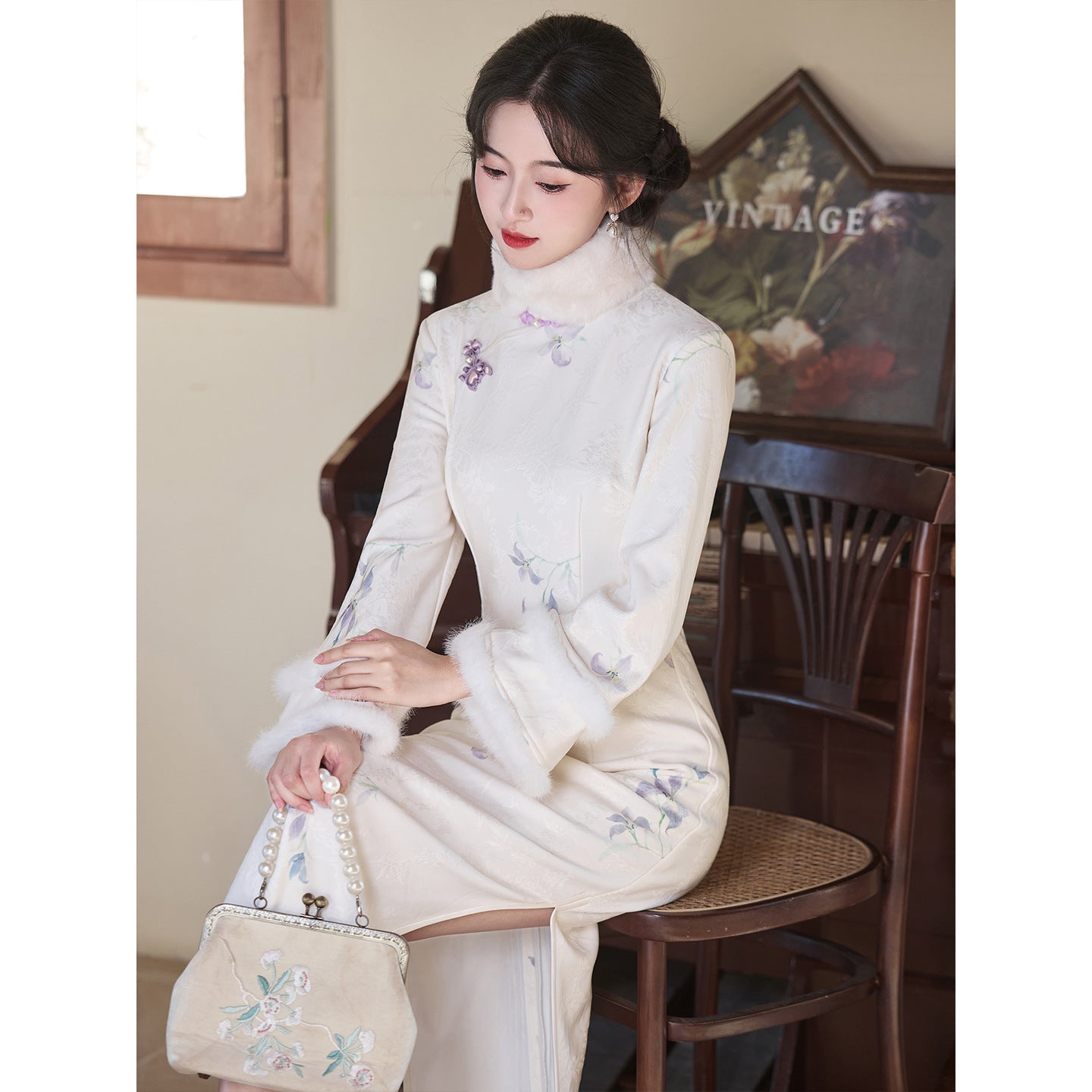 Women's Qipao Sangshangzi 桑上紫 Asian Thicken Dress Chinese Modern Hanfu Clothing Velvet Cheongsam Winter