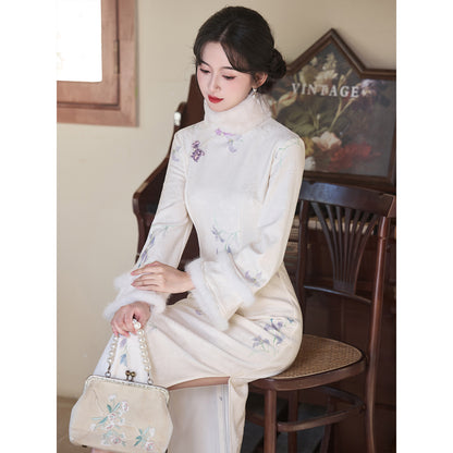 Women's Qipao Sangshangzi 桑上紫 Asian Thicken Dress Chinese Modern Hanfu Clothing Velvet Cheongsam Winter