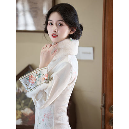Women's Qipao Chunyingxue 春樱雪 Asian Thicken Dress Chinese Modern Hanfu Clothing Velvet Cheongsam Winter