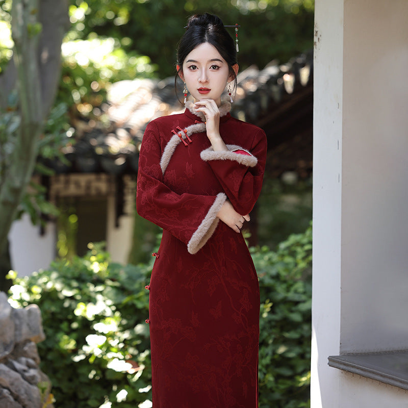 Women's Qipao Cijiu 辞旧 Asian Thicken Dress Chinese Modern Hanfu Clothing Velvet Cheongsam Winter