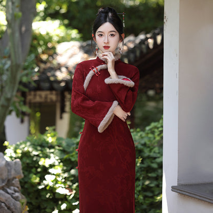 Women's Qipao Cijiu 辞旧 Asian Thicken Dress Chinese Modern Hanfu Clothing Velvet Cheongsam Winter