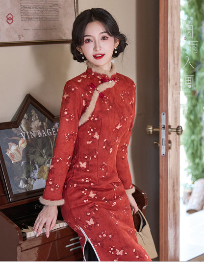 Women's Qipao Meiyue 梅约 Asian Dress Chinese Thicken Modern Hanfu Clothing Velvet Cheongsam