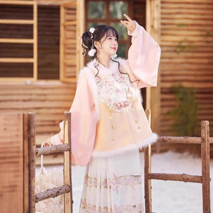 Ming Dynasty Clothing Qiao 俏 Women's Chinese Traditional Thicken Velvet Hanfu Autumn Winter