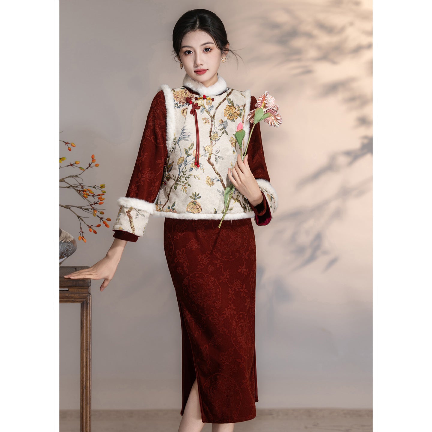 Women's Qipao Wenguiqi 问归期 Asian Thicken Dress Chinese Modern Hanfu Clothing Velvet Cheongsam Winter