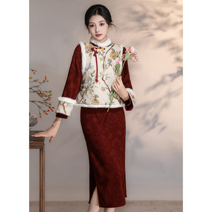 Women's Qipao Wenguiqi 问归期 Asian Thicken Dress Chinese Modern Hanfu Clothing Velvet Cheongsam Winter