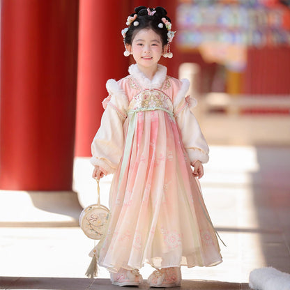 Tang Dynasty Girl Velvet Ruqun Huazhao 花朝 Children's Chinese Traditional Clothing Hanfu Suit