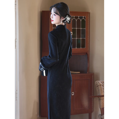 Women's Qipao Xueluo 雪落 Asian Thicken Dress Chinese Modern Hanfu Clothing Velvet Cheongsam Winter