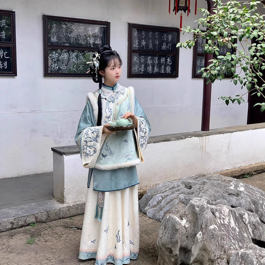 Qing Dynasty Clothing Languinvshu 兰闺女书 Women's Chinese Traditional Velvet Thicken Hanfu Autumn Winter