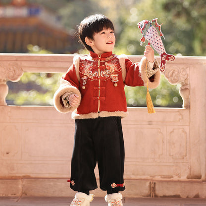 Children's Traditional boy's Clothing Duofu 多福 Chinese Kid's Lunar New Year Velvet Hanfu Suit