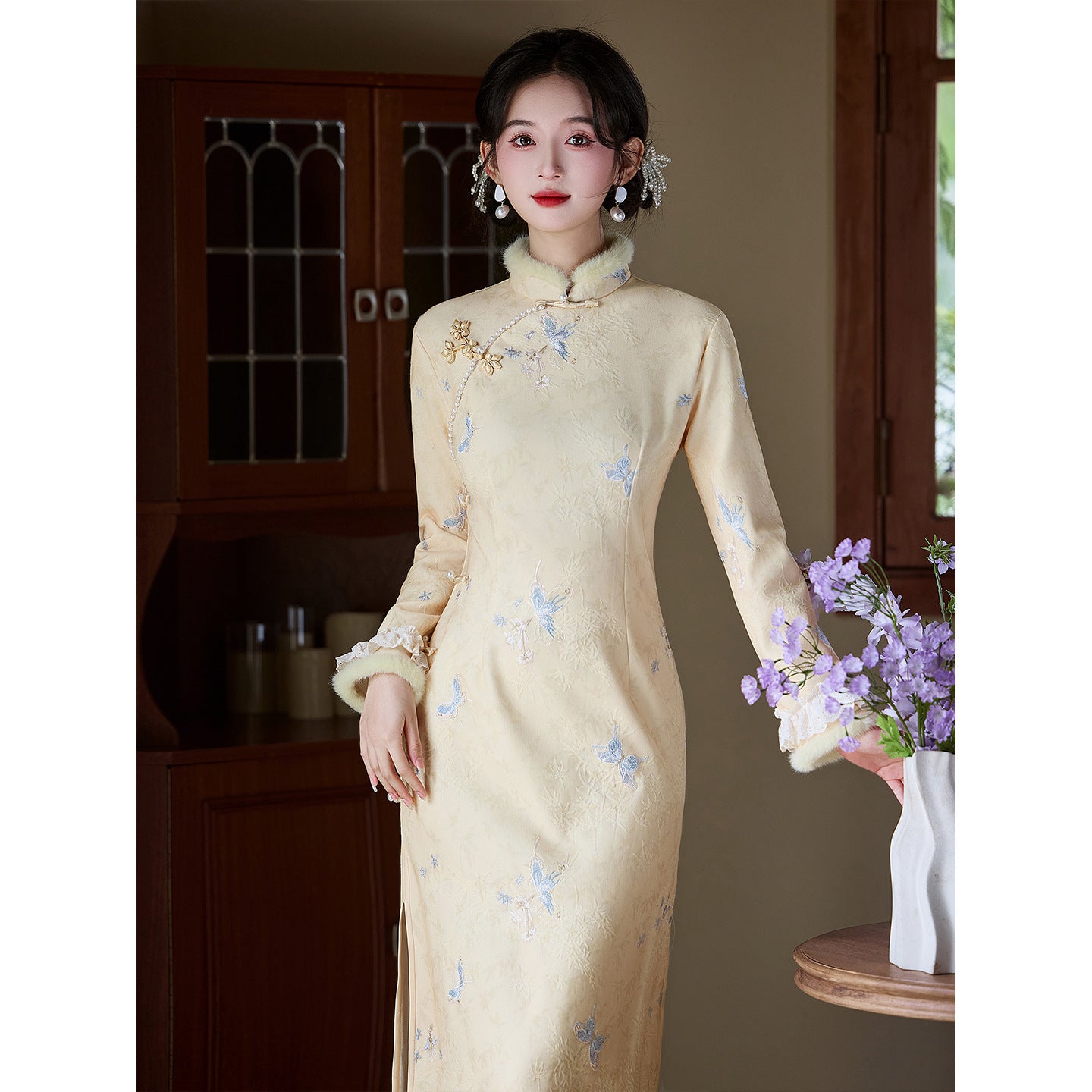 Women's Qipao Dielianhua 蝶恋花 Asian Thicken Dress Chinese Modern Hanfu Clothing Velvet Cheongsam Winter