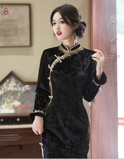 Women's Qipao Jintang 今棠 Asian Thicken Dress Chinese Modern Hanfu Clothing Velvet Cheongsam Winter
